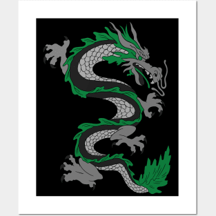 Japanese Dragon; Green Asian Dragon; Asian Tattoo Inspired Retro 80s Style Posters and Art